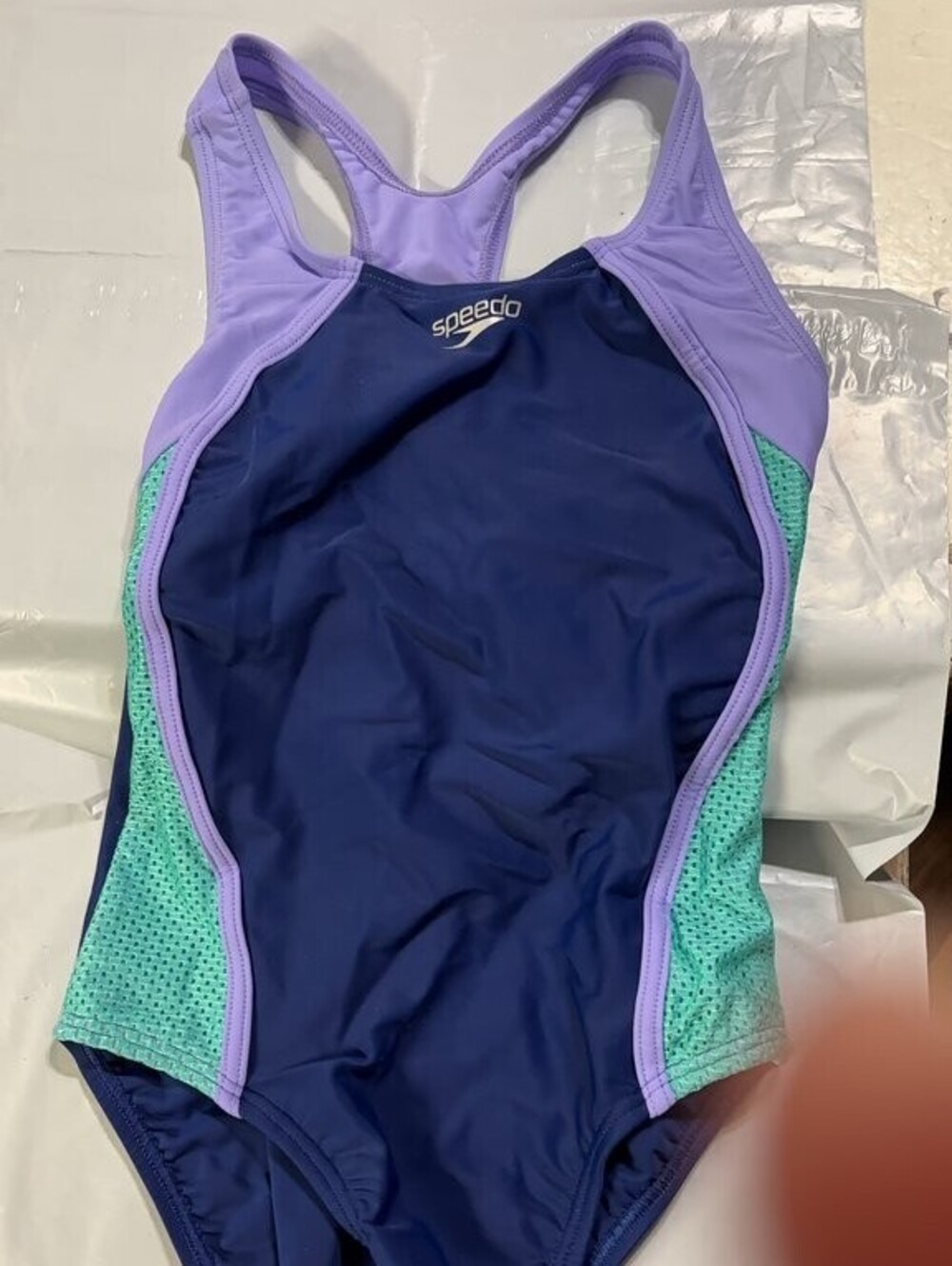 Speedo Girls' One-Piece Swimsuit, Blue/Purple/Teal Athletic Swimwear size 10